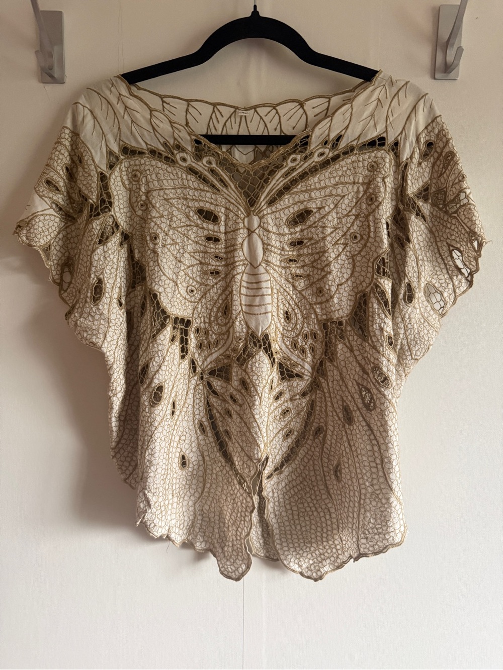Butterfly Cutwork Embroidered Boho Blouse XL Cream Flutter Sleeve Cottagecore